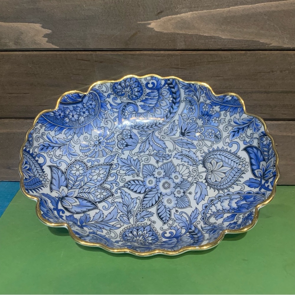 James Kent Old Foley Blue White Paisley Leaf Trinket Relish Dish W/Gold  England